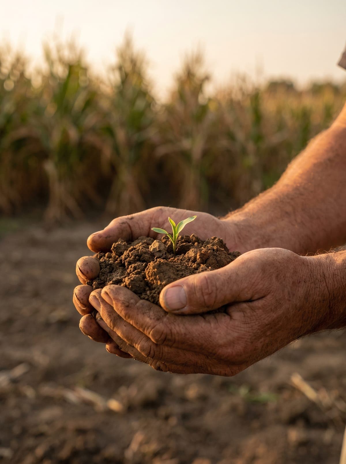 A farmer’s weathered hands cup a mound of soil holding a young corn seedling, with a cornfield behind.