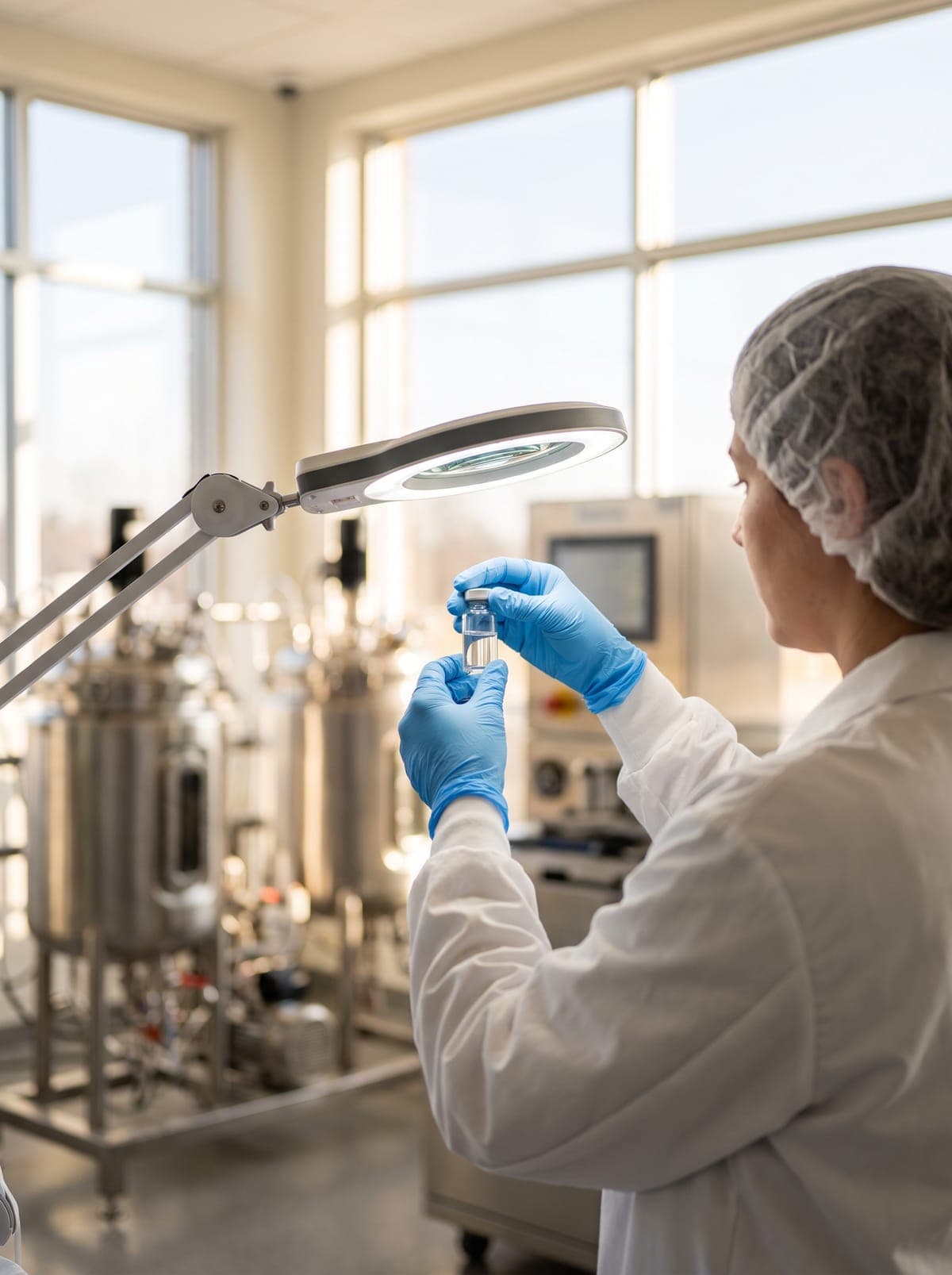 A lab scientist in gloves and a hairnet checks a small vial under a magnifying lamp, with stainless production tanks behind.